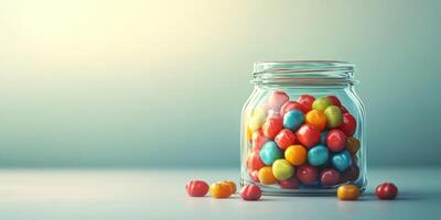 Colorful candy jar filled with assorted sweets on a smooth surface in bright light photo