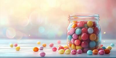 Colorful candy jar filled with vibrant sweets scattered on a wooden surface photo