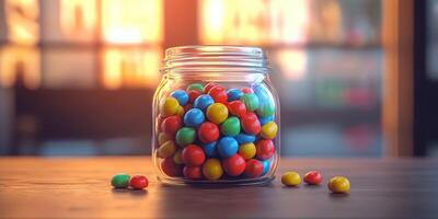 Colorful candy jar filled with vibrant sweets on a wooden table at sunset photo
