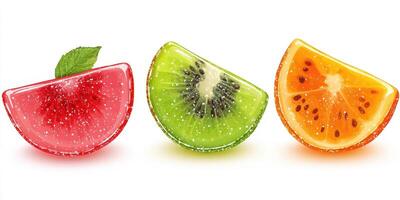 Colorful fruit-shaped gelatin candies arranged on a white background with vibrant colors and textures creating an appealing display photo