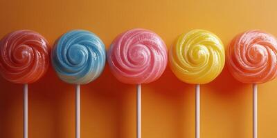 Colorful lollipops arranged in a row against a bright orange background photo
