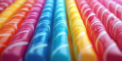 Colorful candies arranged in vibrant stripes at a fun candy store during a bright summer day photo