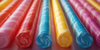 Colorful candy rolls arranged in a vibrant display reflecting light during a sunny afternoon in a sweet shop setting photo