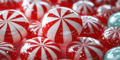 Bright red and white striped candies arranged closely with a focus on shiny surfaces at a festive gathering photo