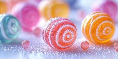 Colorful candy swirls arranged artistically on a bright surface for a vibrant and enticing display photo