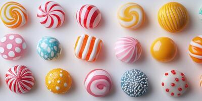 Colorful assortment of candies displayed in a neat arrangement on a white background photo
