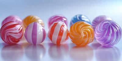 Colorful assortment of swirled candies arranged in a playful manner on a reflective surface photo