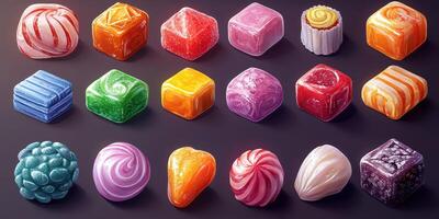 Colorful assorted candies arranged in a delightful pattern on a dark background creating a vibrant display of treats photo