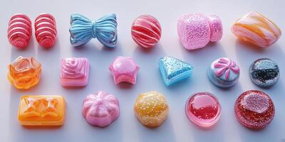 Colorful assortment of candy-shaped soap bars arranged on a light surface showcasing various designs and textures photo
