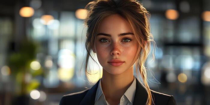 Young woman with captivating features and a confident expression in a modern urban setting during the evening photo