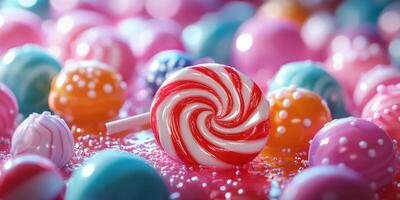 Colorful candies and a swirl lollipop on a vibrant surface filled with sugary treats photo