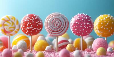 Colorful lollipops and candy display on a pastel background during a cheerful dessert event photo