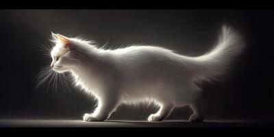 White fluffy cat walking gracefully in dim light, showcasing its ethereal fur and poised demeanor photo