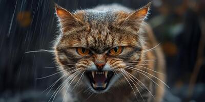 Fierce wild cat with intense expression in a dark, rainy setting, showcasing its natural habitat and survival instincts photo