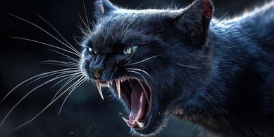 Fierce black cat growling aggressively in a dark environment with sharp fangs visible photo
