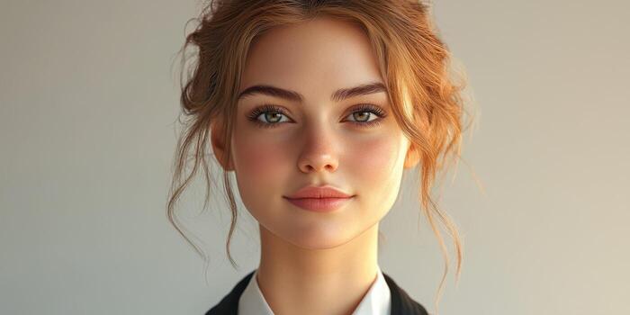 Portrait of a young woman with soft features and a confident expression in a minimalist setting photo