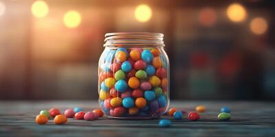 Colorful candy in glass jar on wooden table with soft lighting for a festive ambiance photo