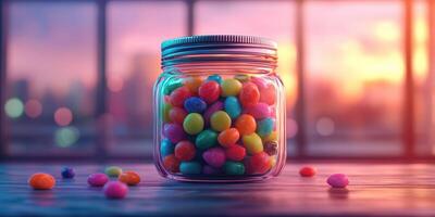 Colorful candy jar filled with jelly beans against a sunset backdrop in an urban setting photo