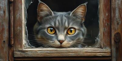Gray cat with amber eyes gazing through a wooden window frame showcasing charming home atmosphere photo