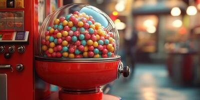 Colorful gumball machine filled with vibrant candies in a nostalgic arcade setting photo