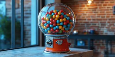 Colorful gumball machine filled with vibrant candies in a cozy cafe setting photo