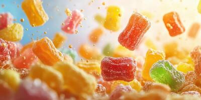 Colorful gummy candies in mid-air create a vibrant and joyful scene during a sunny day photo