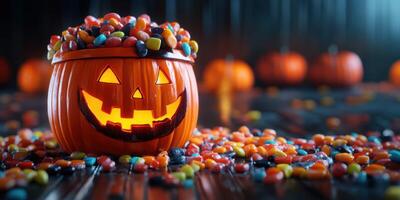 Halloween pumpkin filled with candy on a dimly lit table surrounded by glowing jack-o'-lanterns photo