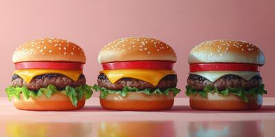 Gourmet burgers arranged on a table with lettuce, cheese, and fresh toppings in a vibrant setting photo