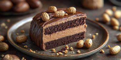 Delicious chocolate peanut butter cake slice with peanuts and crumbs on a wooden table photo