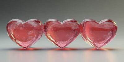 Three heart-shaped ice cubes glistening on a smooth surface with soft lighting photo