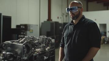 Engineer wearing augmented reality glasses analyzing engine in factory photo