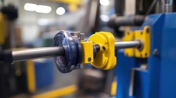 Industrial machine processing metal rod with precision clamps in factory setting photo