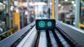 Smart device monitoring production line conveyor belt in factory photo