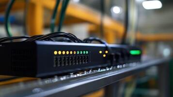 Network server showing blinking lights in data center photo