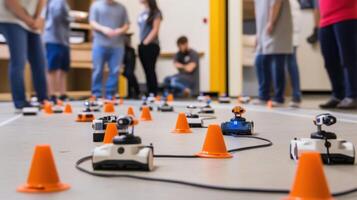 Educational robots driving on a marked path during a competition in stem classroom photo