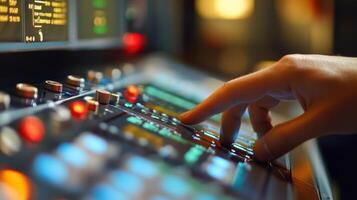 Sound engineer adjusting volume on audio mixing console in recording studio photo