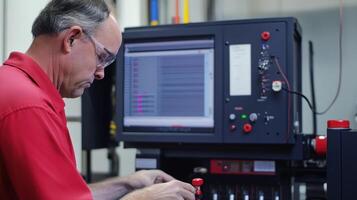 Engineer operating complex machinery with computer interface in technological facility photo