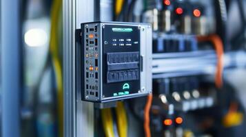 Programmable logic controller mounted on a metal rack managing industrial automation process photo