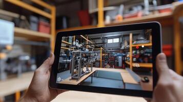 Engineer using augmented reality tablet app for checking machinery in factory photo