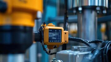 Robotic arm showing data on display in modern factory photo