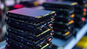 Stack of network servers processing data in data center photo