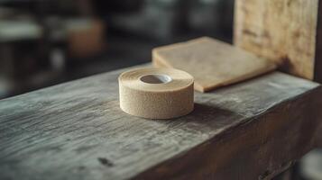Roll of anti slip tape resting on wooden table in workshop photo