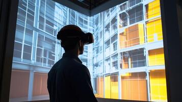 Architect wearing vr headset exploring virtual building model in immersive room photo