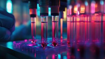 Scientist analyzing test tubes with innovative automated equipment in laboratory photo
