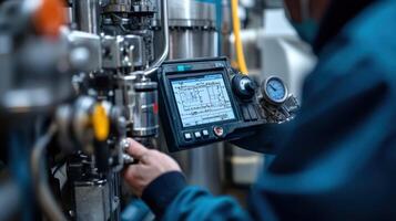 Technician operating industrial machine with control panel and pressure gauge photo