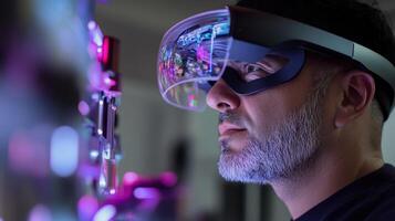 Electrical engineer working with smart glasses and futuristic interface analyzing electronic components photo