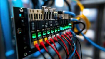 Network cables connected to server in data center blinking green lights photo