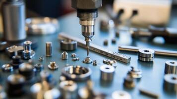 Precision engineering, drill measuring small metal parts on workbench photo