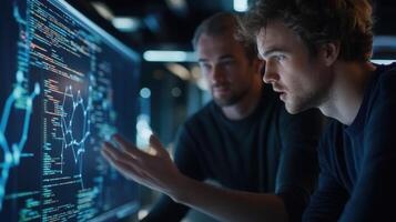 Software developers analyzing code and graph on computer screen in office at night photo