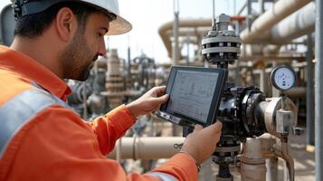 Engineer using digital tablet monitoring pipeline operations photo